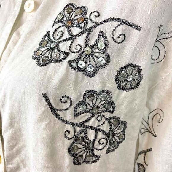 Chicos embroidered linen blouse w/ silver accent beading, silver thread, sparkle - Picture 3 of 9